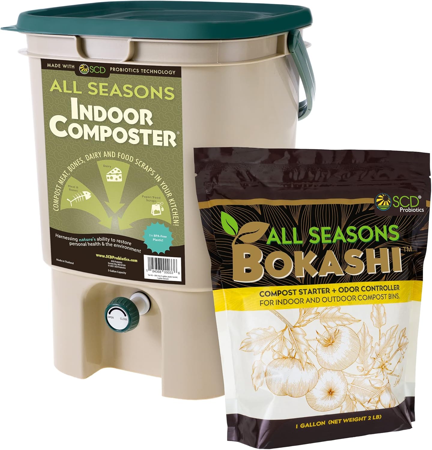 Composting Kit Indoor - キッチンカウンター用室内堆肥化器 - 5ガロン、タンカラー、蓋付き、水栓付き、乾燥ボカシ糠スターターキット
