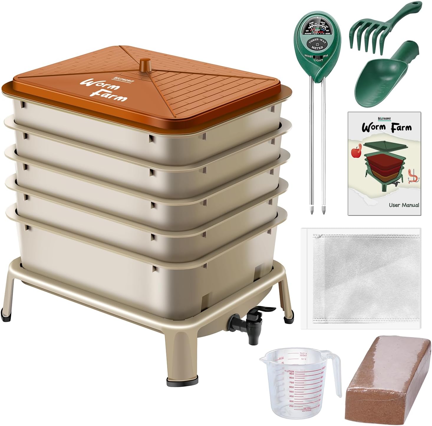 Composting Kit Indoor - 屋内＆屋外用ミミズ堆肥コンポスト容器 - 53QT、ゴールド、5段トレイ、食品廃棄物リサイクル用ミミズファームスターターキット付き